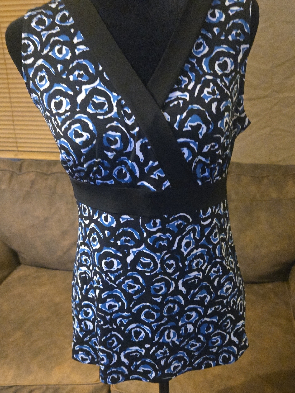 Merona V-Neck Black and Blue Printed Wrap Style Blouse